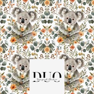 May include: A seamless pattern featuring watercolor illustrations of koalas and flowers. The koalas are sitting in a relaxed pose, surrounded by a variety of flowers in shades of orange, yellow, and green. The background is white.