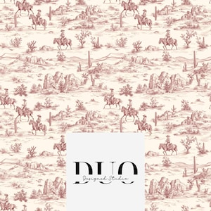Puede incluir: Patrón repetitivo con un paisaje desértico con vaqueros a caballo, cactus y formaciones rocosas en tono sepia. El texto "DUO Designed Studio" está en la parte inferior.