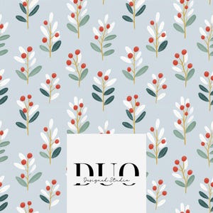 May include: A light blue background featuring a repeating pattern of botanical sprigs with red berries, white leaves, and dark green leaves. A white rectangular overlay in the center displays the black text DUO Designed Studio.