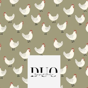 Könnte beinhalten: Ein nahtloses Muster mit weißen Hühnern mit schwarzen Flecken auf einem Salbeigrün-Hintergrund. Das Muster wiederholt sich über das gesamte Bild. Der Text "DUO Designed Studio" befindet sich in der Mitte des Bildes.