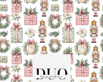 Pink Presents and Nutcracker Seamless Pattern, Pink Gifts Christmas Background Pattern, Fabric Digital Paper Download, Commercial Use