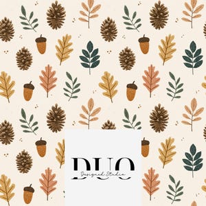Pinecones and Oak Leaves Seamless Pattern, Autumn Fall Repeat Tile Surface Pattern, Pinecones Fabric Pattern Digital Paper Commercial Use