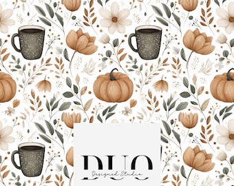 Cosy Autumn Pumpkins Seamless Pattern, Fall Pumpkin Background Pattern, Autumn Fabric Pattern, Digital Paper, Commercial Use
