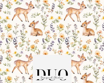 Woodland Deer Watercolour Pattern, Repeat Surface Pattern, Fabric Pattern Digital Paper Commercial Licence Non-Exclusive