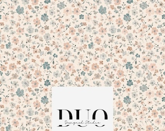 May include: A floral pattern featuring small, delicate flowers in shades of pink, blue, and brown against a cream background. The design is densely packed with blooms and foliage. The text "DUO Designed Studio" is at the bottom.