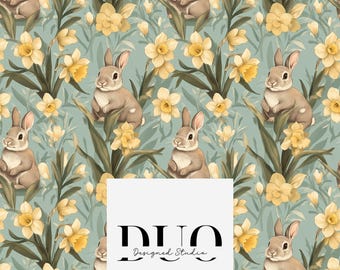 Daffodil Bunnies Seamless Pattern, Spring Surface Pattern, Rabbits Fabric Pattern, Digital Download Paper, Commercial Use