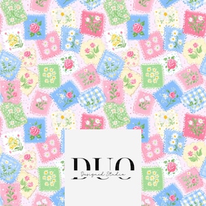 May include: A repeating pattern of colourful floral patches on a light pink background. Each patch features a different flower design, including roses and daisies, in shades of pink, blue, yellow, and green. The patches are outlined with a decorative stitch.