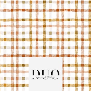 Puede incluir: Patrón de cuadros de acuarela en tonos naranja, marrón y dorado sobre fondo blanco. El diseño presenta una cuadrícula de líneas que se cruzan, creando un efecto de cuadros clásico. El texto "DUO Designed Studio" está en la parte inferior.