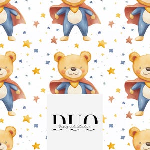 Hero Teddy Seamless Pattern, Superhero Digital Paper, Superhero Background Pattern, Boy Seamless Design, Commercial Use