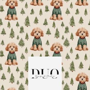 Pode incluir: Padrão repetitivo com cães castanhos claros usando suéteres verdes, intercalados com árvores de Natal verdes, em um fundo creme. O design inclui o texto "DUO Designed Studio" em preto.