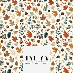 May include: A repeating pattern of autumn leaves, acorns, and sprigs in orange, brown, green, and beige. The design includes maple leaves, oak leaves, and other foliage. The text "DUO Designed Studio" is at the bottom.