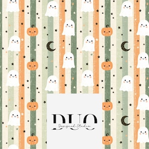 May include: A seamless pattern featuring white ghosts, orange pumpkins, and black crescent moons on a background of vertical stripes in shades of cream, sage green, and orange, accented with small black stars and the text DUO Designed Studio.