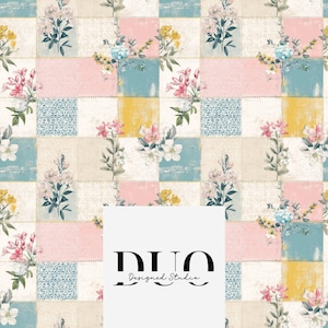 Puede incluir: Un patrón de patchwork con cuadrados en rosa pastel, amarillo y azul, adornado con ramitas florales. El diseño incluye un fondo crema y el texto "DUO Designed Studio".