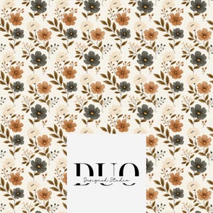 May include: A repeating floral pattern on a cream background featuring dark gray, terracotta, and off-white flowers with brown stems and leaves. A white square overlay in the center displays the black text DUO Designed Studio.