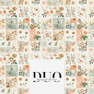 May include: A floral pattern composed of squares with diverse flower arrangements in peach, orange, and white. The squares are set against a light blue and peach backdrop. The text "DUO Designed Studio" is at the bottom of the image.