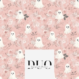 Boho Floral Ghosts Seamless Pattern, Halloween Repeat Surface Pattern, Pretty Fall Fabric Pattern, Digital Download Paper, Commercial Use