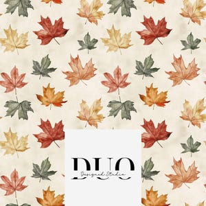 May include: A seamless pattern featuring a variety of autumn leaves in shades of red, orange, yellow, and green. The leaves are arranged in a random pattern on a cream background.