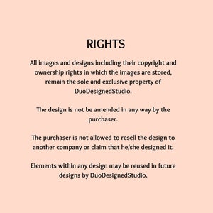 Peut inclure: Texte sur fond rose d&eacute;crivant les droits d'auteur et de propri&eacute;t&eacute; des images et des designs. Le texte indique que toutes les images et tous les designs sont la propri&eacute;t&eacute; exclusive de DuoDesignedStudio. Le texte indique &eacute;galement que le design ne peut pas &ecirc;tre modifi&eacute; par l'acheteur et que l'acheteur ne peut pas revendre le design ou pr&eacute;tendre l'avoir con&ccedil;u. Le texte indique &eacute;galement que les &eacute;l&eacute;ments de tout design peuvent &ecirc;tre r&eacute;utilis&eacute;s dans les futurs designs de DuoDesignedStudio.
