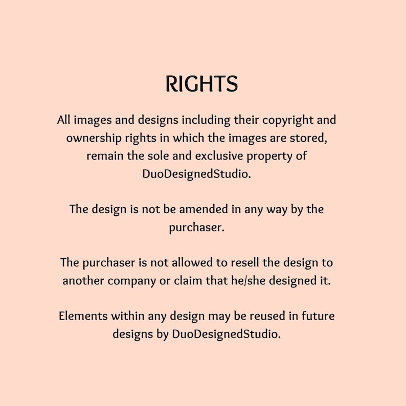 Peut inclure: Texte sur fond rose d&eacute;crivant les droits d'auteur et de propri&eacute;t&eacute; des images et des designs. Le texte indique que toutes les images et tous les designs sont la propri&eacute;t&eacute; exclusive de DuoDesignedStudio. Le texte indique &eacute;galement que le design ne peut pas &ecirc;tre modifi&eacute; par l'acheteur et que l'acheteur ne peut pas revendre le design ou pr&eacute;tendre l'avoir con&ccedil;u. Le texte indique &eacute;galement que les &eacute;l&eacute;ments de tout design peuvent &ecirc;tre r&eacute;utilis&eacute;s dans les futurs designs de DuoDesignedStudio.