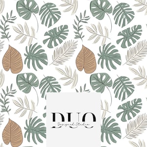 Könnte beinhalten: Ein nahtloses Muster mit grünen und braunen Blättern auf weißem Hintergrund. Das Muster wiederholt sich über das gesamte Bild. Der Text "DUO Designed Studio" ist mittig unten im Bild platziert.