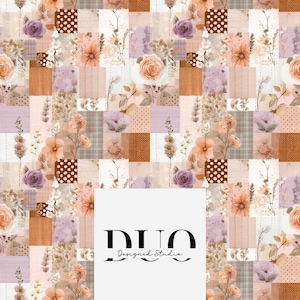 Puede incluir: Un diseño de patchwork con patrones florales y geométricos en tonos melocotón, lavanda y marrón. El diseño incluye rosas, lunares y elementos a cuadros. El texto "DUO Designed Studio" se muestra sobre un fondo blanco.