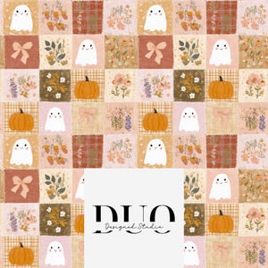 May include: A repeating pattern fabric featuring a grid of squares with illustrations of white ghosts, orange pumpkins, pink bows, and various floral arrangements in autumn colors. A white rectangular overlay displays the text DUO Designed Studio.