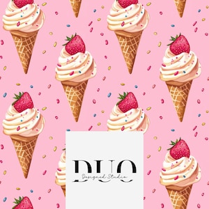 Könnte beinhalten: Ein nahtloses Muster mit Eiswaffeln mit Erdbeerbelag und bunten Streuseln auf rosa Hintergrund. Der Text "DUO Designed Studio" befindet sich in der Mitte des Bildes.