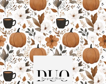 May include: A repeating pattern featuring pumpkins, flowers, and coffee mugs in shades of brown, white, and black on a white background. The design includes various floral and leaf elements, creating a fall or autumn theme. The text "DUO Designed Studio" is also present.
