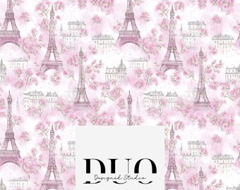 Pink Parisian Floral Seamless Pattern, Paris Background Pattern, France French Background, Eiffel Tower Digital Paper, Commercial Use