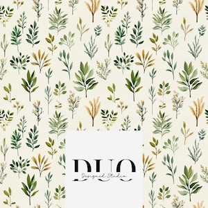 Może przedstawiać: Wzór bez szwów z różnymi zielonymi i brązowymi liśćmi i gałęziami akwarelowymi na kremowym tle. Wzór powtarza się na całym obrazie. Tekst "DUO Designed Studio" jest widoczny w prawym dolnym rogu obrazu.