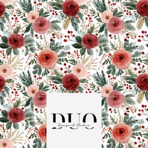May include: A floral pattern featuring watercolor roses in shades of red, pink, and peach, interspersed with green leaves, berries, and sprigs of gold on a white background. The design includes the text "DUO Designed Studio".