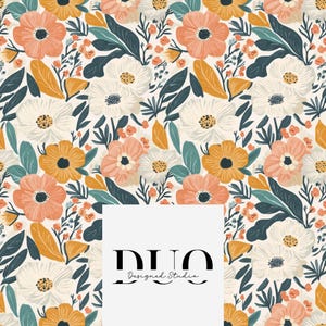 Coral Cream Flowers Seamless Pattern, Repeat Surface Pattern, Fabric Pattern Digital Paper Download Commercial Licence Non-Exclusive