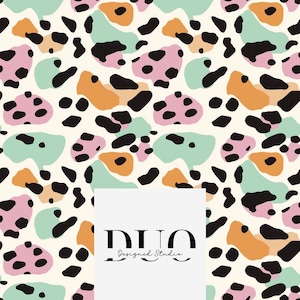 May include: Abstract seamless pattern with black, orange, pink, and green spots on a white background. The pattern is repeated throughout the image. The text "DUO Designed Studio" is in the centre of the image.