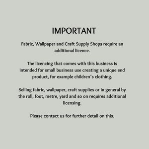 Peut inclure: Texte sur fond blanc indiquant "IMPORTANT" suivi d'informations sur les licences pour les magasins de tissus, de papiers peints et de fournitures artisanales. Le texte indique que la vente de ces articles au rouleau, au pied, au m&egrave;tre, &agrave; la verge ou &agrave; d'autres unit&eacute;s n&eacute;cessite une licence suppl&eacute;mentaire.