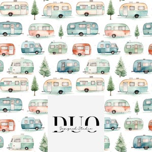 May include: A seamless pattern featuring watercolour illustrations of vintage caravans in various colours, including blue, green, red, and yellow. The caravans are surrounded by small green trees, creating a whimsical and nostalgic feel.