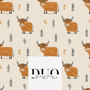 May include: A repeating pattern of cartoon Highland cows in shades of brown and tan, with black and gold sprigs on a cream background. The image includes the text "DUO Designed Studio" in black.