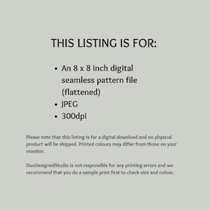 Peut inclure: Cette annonce concerne un fichier num&eacute;rique de motif sans couture de 8 x 8 pouces au format JPEG, aplati et &agrave; 300 dpi. Veuillez noter que cette annonce concerne un t&eacute;l&eacute;chargement num&eacute;rique et qu'aucun produit physique ne sera exp&eacute;di&eacute;. Les couleurs imprim&eacute;es peuvent diff&eacute;rer de celles affich&eacute;es sur votre &eacute;cran. DuoDesignedStudio n'est pas responsable des erreurs d'impression et nous vous recommandons de faire un essai d'impression pour v&eacute;rifier la taille et la couleur.