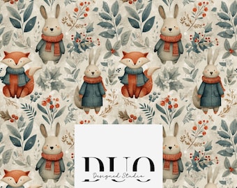 Cute Woodland Animals Seamless Pattern, Woodland Digital Paper, Forest Animals, Digital Download, Commercial Licence, Non-Exclusive