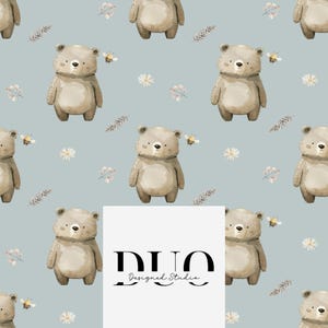 May include: A repeating pattern on a light blue background featuring watercolor illustrations of brown bears, small yellow and black bees, white daisy flowers, and thin brown leafy sprigs. A white square overlay displays the text DUO Designed Studio.