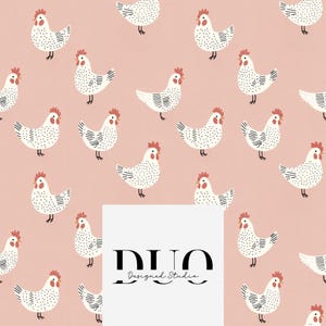 Pink Chickens Seamless Pattern, Farmyard Digital, Cute Chickens Background, Homesteading Background, Repeat Tile, Fabric Digital Download