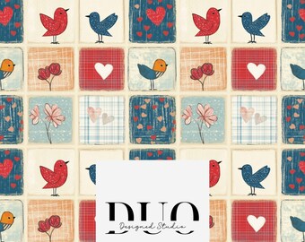Red Blue Shabby Quilt Seamless Pattern, Gingham Seamless Patchwork Background, Shabby Chic Fabric Digital Paper Download, Commercial Use