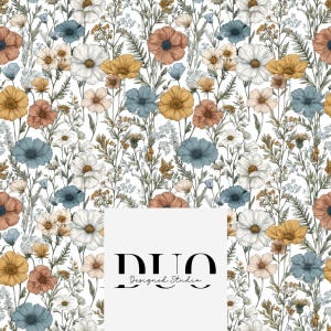 Puede incluir: Un patrón floral con flores blancas, amarillas, azules y marrones sobre un fondo blanco. El diseño incluye flores grandes y pequeñas. El texto "DUO Designed Studio" está en la esquina inferior derecha.