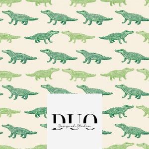 May include: A repeating pattern of green alligators on a cream background. The alligators are in various shades of green and are evenly spaced across the surface. The image includes the text "DUO Designed Studio".