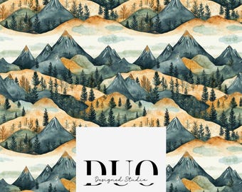 May include: A seamless pattern featuring a watercolor illustration of a mountain range with a forest in the foreground. The mountains are a deep blue color, and the forest is a mix of green and yellow. The background is a light cream color.