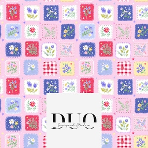 May include: A repeating pattern of floral squares on a pink background. Each square features a different floral design in shades of red, blue, yellow, and white, with a stitched border. Small stars are scattered across the pink background.