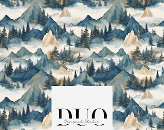 Teal Mountains Seamless Pattern, Watercolour Mountains Seamless Digital Paper, Repeating Background, Commercial Use