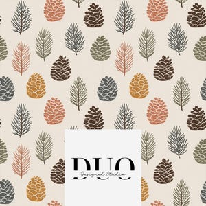 Padrão sem costura de pinhas e folhas, padrão de azulejo repetido para outono, padrão de tecido com pinhas em papel digital para uso comercial.