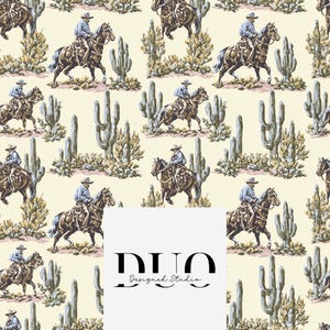 Könnte beinhalten: Ein sich wiederholendes Muster auf cremefarbenem Hintergrund mit Cowboys auf Pferden in einer Wüstenlandschaft mit Saguaro-Kakteen und Sträuchern. Ein weißes rechteckiges Overlay in der Mitte zeigt den schwarzen Text DUO Designed Studio.