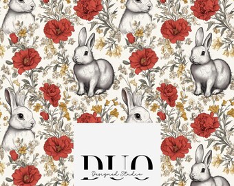 Floral Bunny Rabbits Seamless Pattern, Rabbits Background Pattern, Bunny Wildflower Fabric Pattern, Easter Digital Paper, Commercial Use