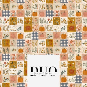 May include: A fabric pattern featuring a repeating patchwork grid of pumpkins, autumn leaves, floral sprigs, and navy blue buffalo check squares in shades of orange, mustard yellow, cream, and brown, with the text DUO Designed Studio centred.